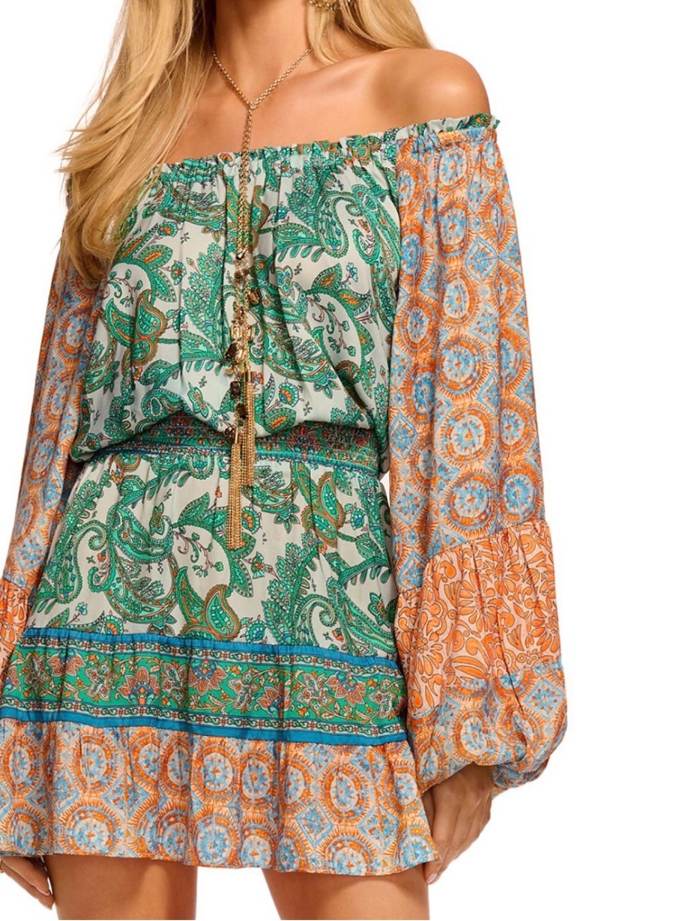 Ramy Brook Off-Shoulder Multi-Color Paisley & Medallion Mini Dress